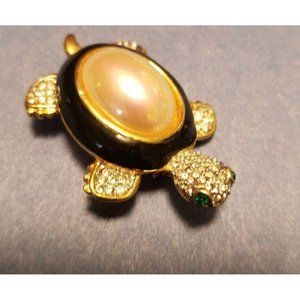 Vintage turtle brooch | pearl turtle with green eyes and faux diamonds | costume